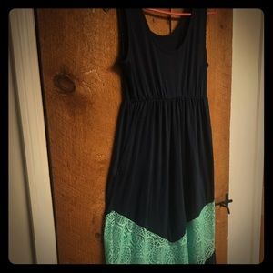 Maxi dress navy blue with teal lace near bottom
